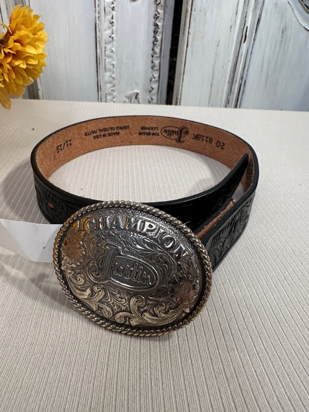 Kids Justin Boots Black Tooled Leather Belt / Ornate Silver-Tone Champion Buckle